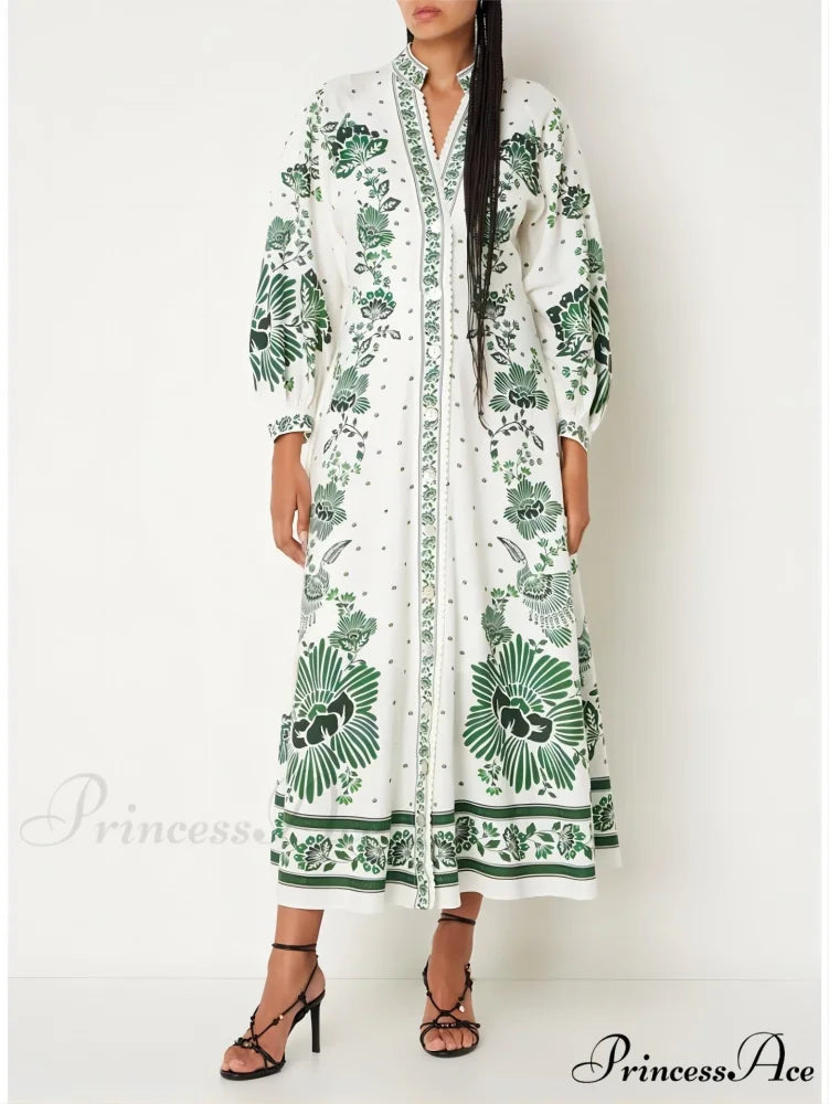 Vintage Floral Print Lantern Graceful Long Sleeve Midi Dress White / S