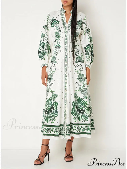Vintage Floral Print Lantern Graceful Long Sleeve Midi Dress White / S