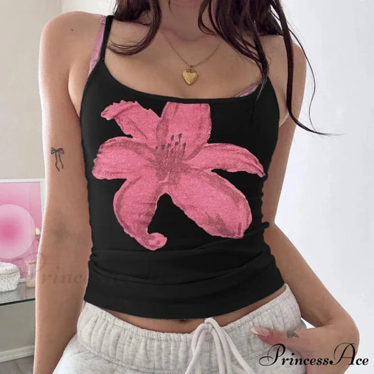 Vintage Floral Spaghetti Strap Open Back Bohemian Beach Style Crop Top BLACK1 / S croptop-250126