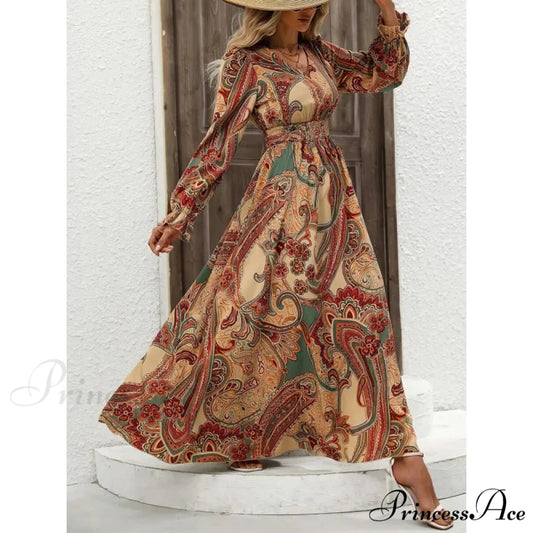 Vintage Flower Pattern A-line Boho Dress Light brown / S oldfloraldress-250126