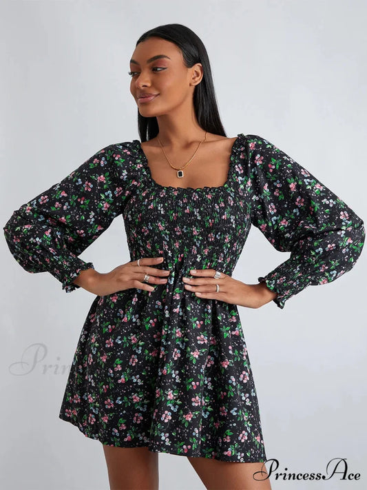 Vintage Flower Pattern Frilled Edge Square Neck Flared Short Flower Dress Black / S floraldress-250126