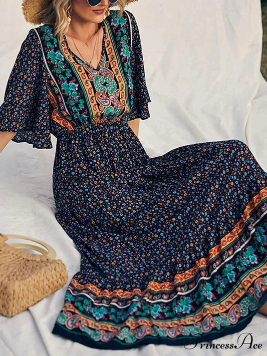 Vintage Flower Pattern V-neck Bohemian Sun Dress Black / S bohodress-250126