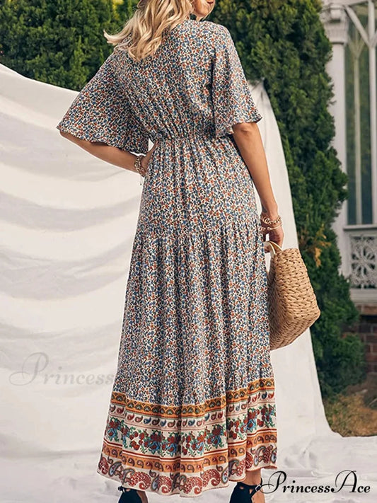 Vintage Flower Pattern V-neck Bohemian Sun Dress bohodress-250126