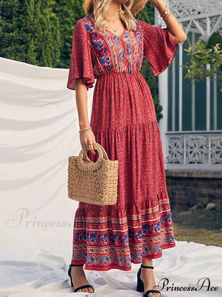 Vintage Flower Pattern V-neck Bohemian Sun Dress Red / S bohodress-250126