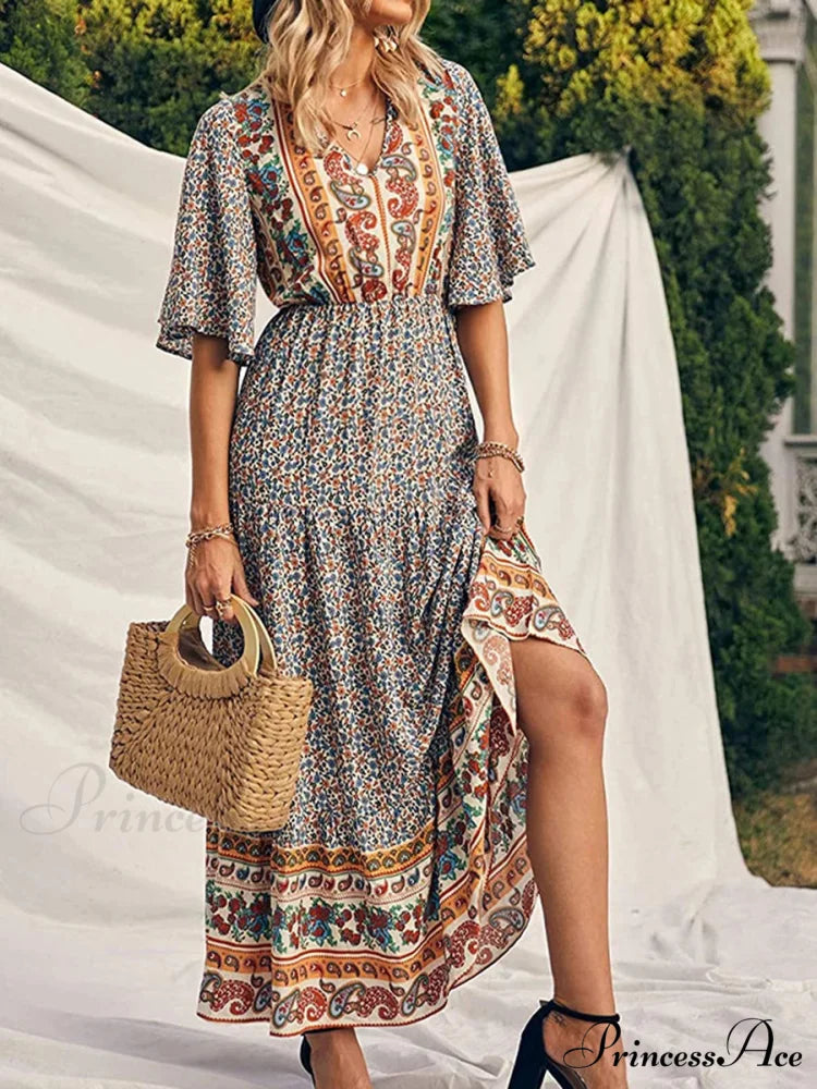 Vintage Flower Pattern V-neck Bohemian Sun Dress Yellow / S bohodress-250126