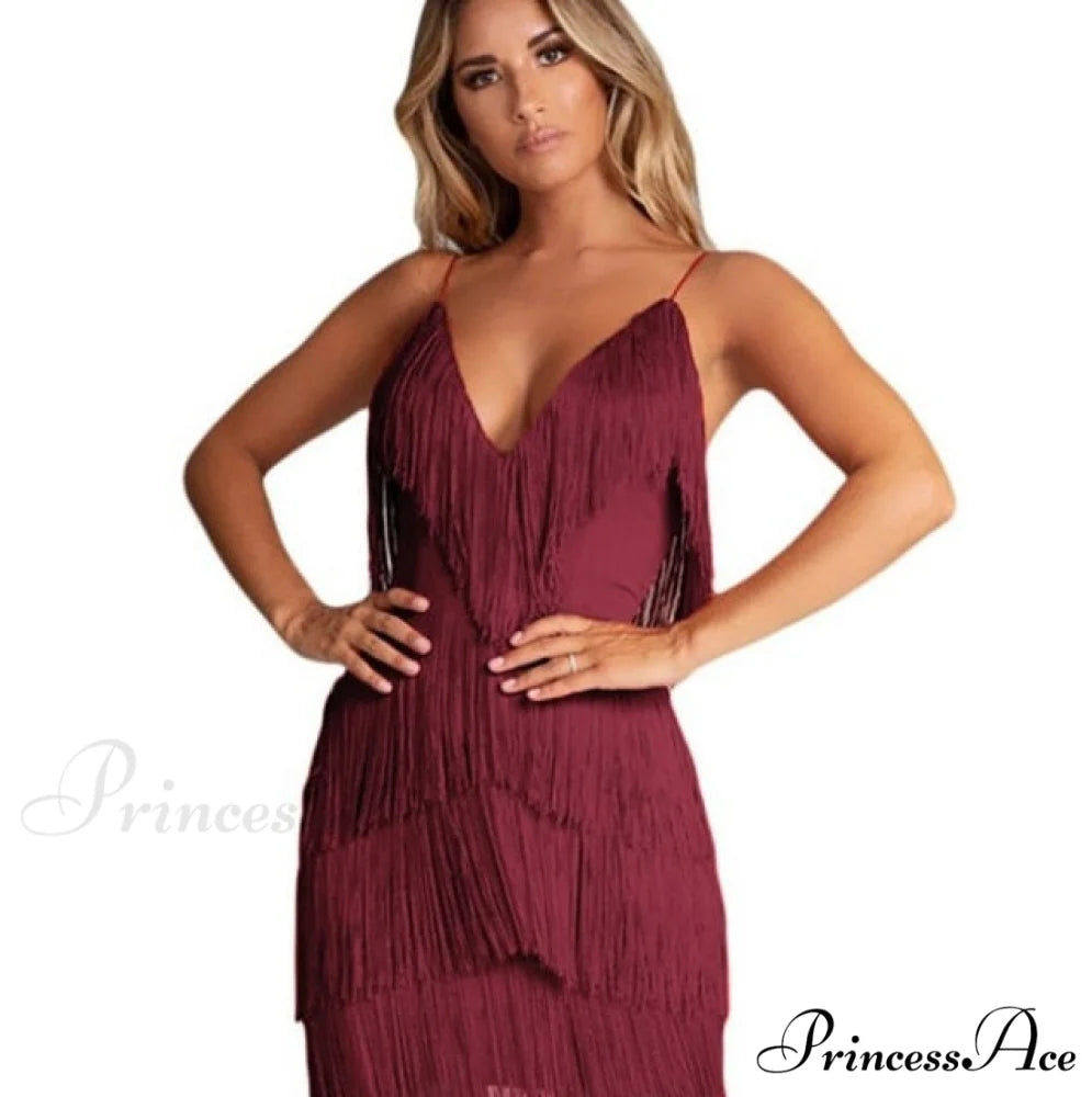 Vintage Gatsby Sequin Party Slip Sexy Dress red wine / S