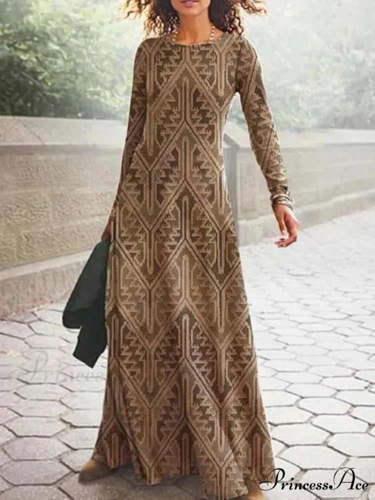 Vintage Geometric Print Long Sleeve Boho Dress Amber colour / S