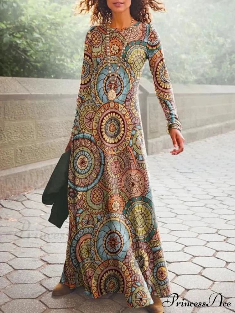 Vintage Geometric Print Long Sleeve Boho Dress Orange / S