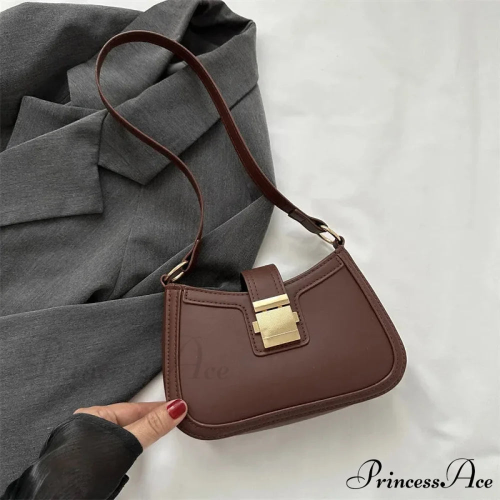 Vintage Gold Clasp Brown Shoulder Purse Brown / 20.5x5.5x13cm shoulder-250126