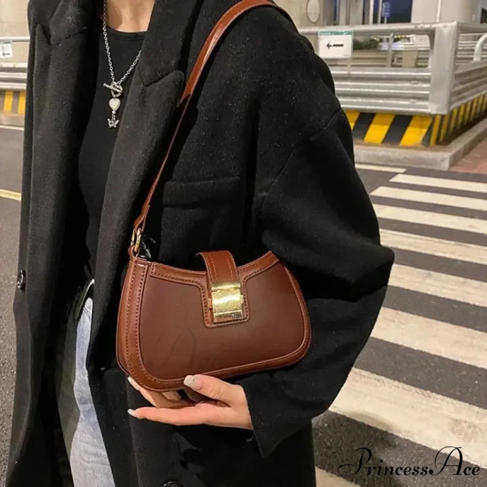 Vintage Gold Clasp Brown Shoulder Purse shoulder-250126