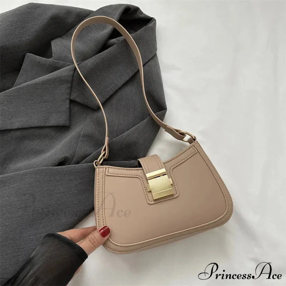 Vintage Gold Clasp Brown Shoulder Purse Khaki / 20.5x5.5x13cm shoulder-250126