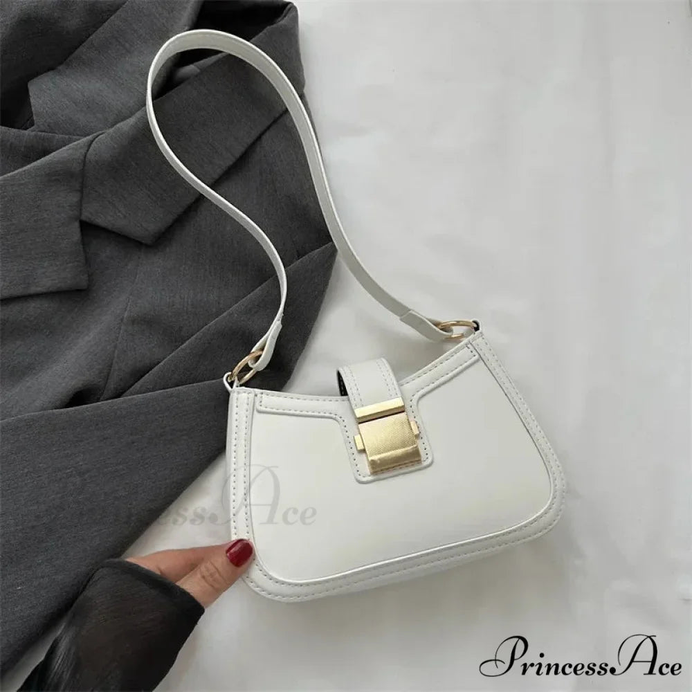 Vintage Gold Clasp Brown Shoulder Purse White / 20.5x5.5x13cm shoulder-250126