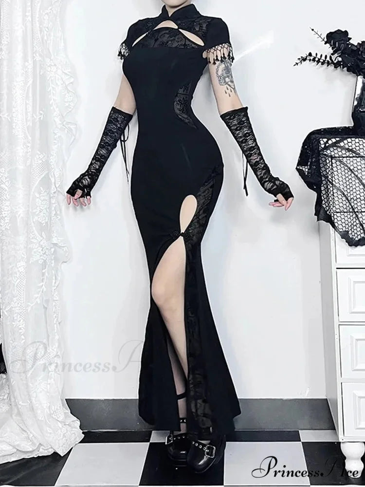 Vintage Gothic Fishtail Long Slit Chinese Cheongsam Retro Dark Bodycon Slim Qipao Traditional Costumes Dress