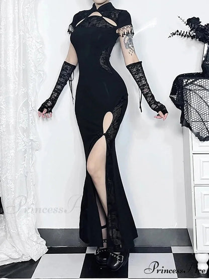 Vintage Gothic Fishtail Long Slit Chinese Cheongsam Retro Dark Bodycon Slim Qipao Traditional Costumes Dress