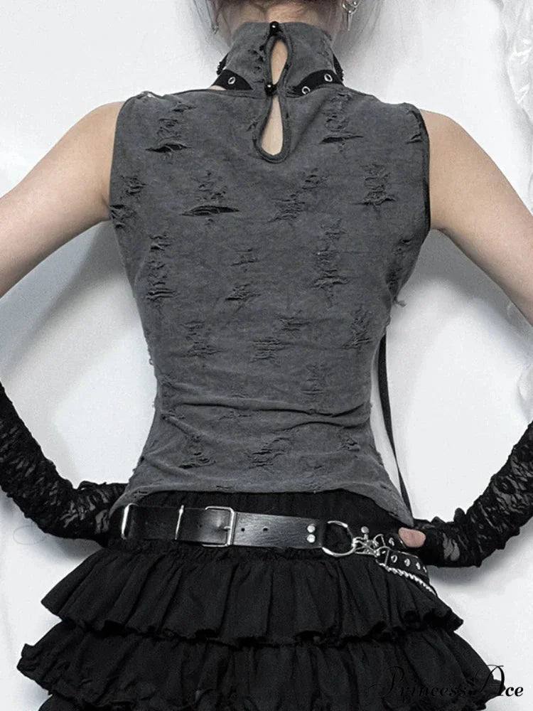 Vintage Gothic Print Retro Punk Sexy Sleeveless Five Pointed Star Crop Top Gray / S