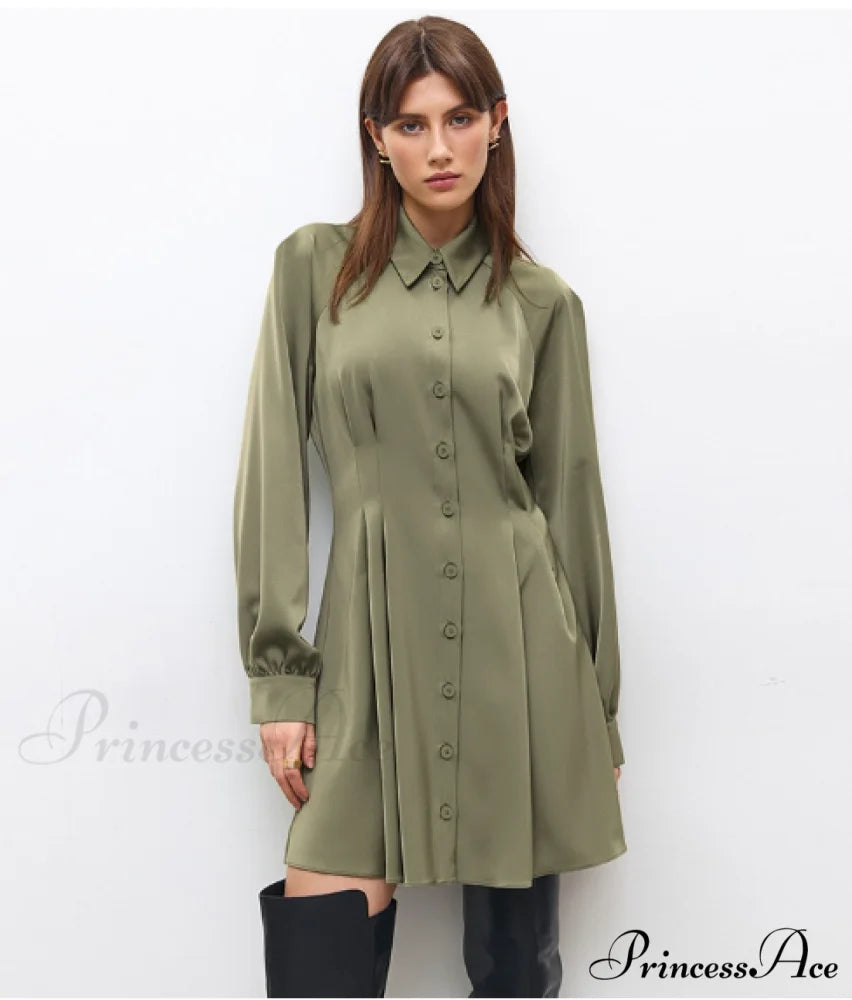 Vintage Green Office Long Sleeve Lapel Short Dress for Autumn L / GREEN