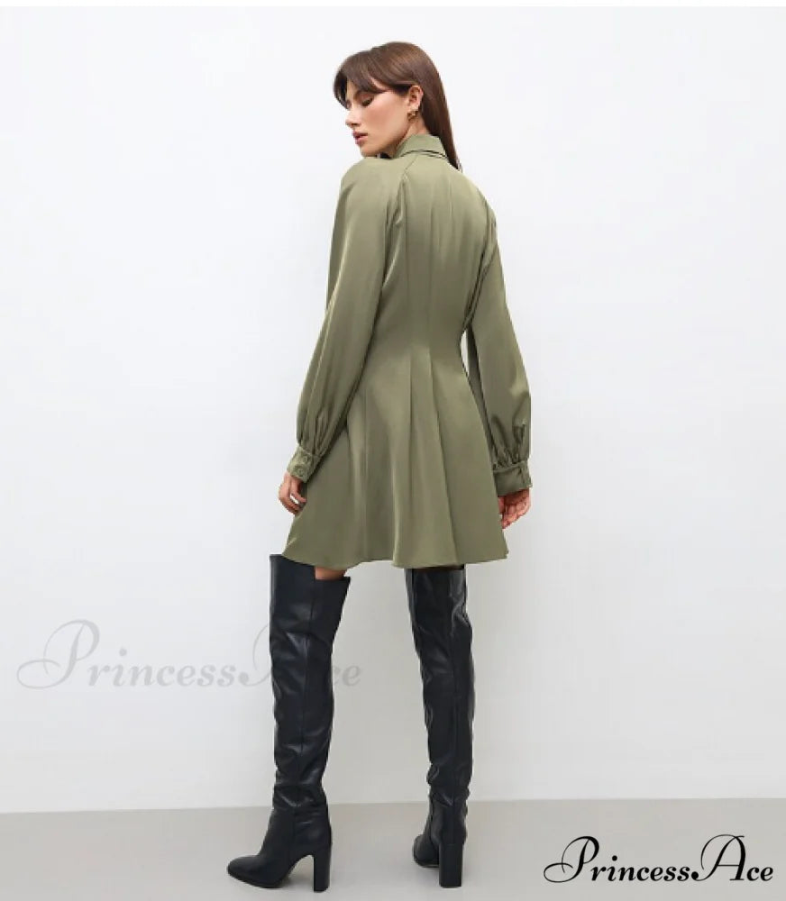 Vintage Green Office Long Sleeve Lapel Short Dress for Autumn L / BLUE