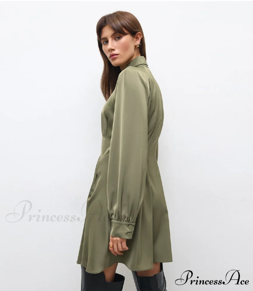 Vintage Green Office Long Sleeve Lapel Short Dress for Autumn M / GREEN