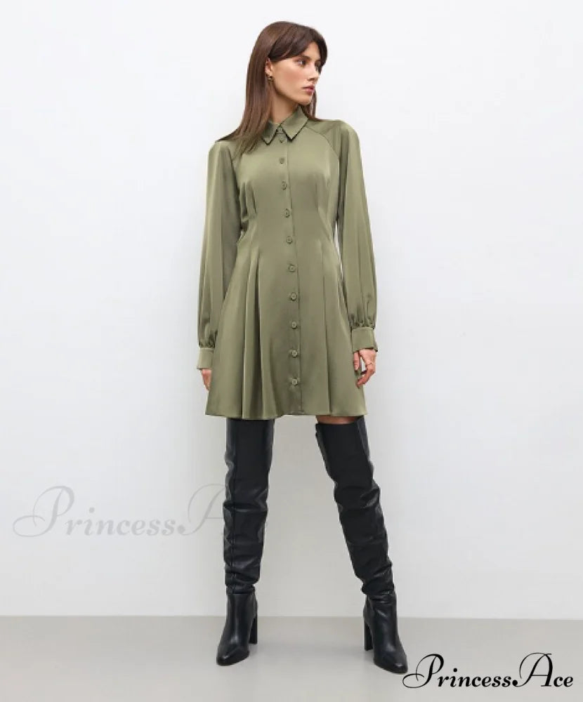 Vintage Green Office Long Sleeve Lapel Short Dress for Autumn M / BLUE