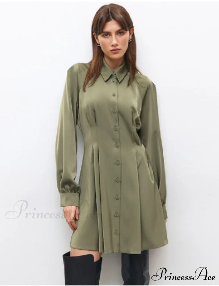Vintage Green Office Long Sleeve Lapel Short Dress for Autumn S / GREEN