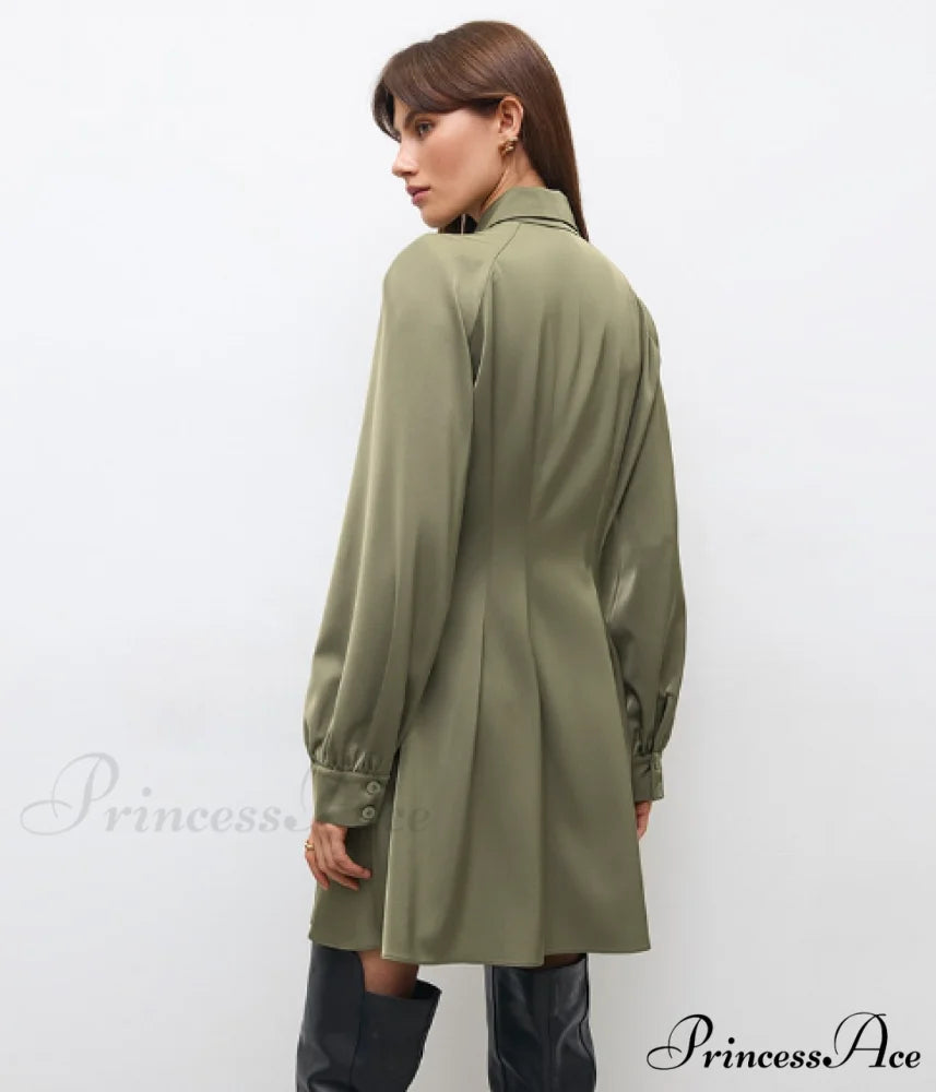 Vintage Green Office Long Sleeve Lapel Short Dress for Autumn S / BLUE