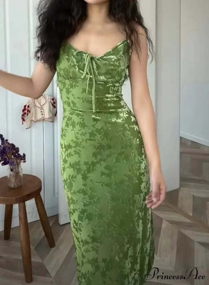 Vintage Green Velvet Burnt Flower Long Strap Backless Sleeveless Boho Christmas Party Dress