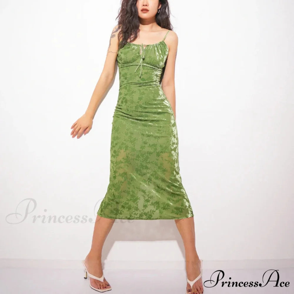 Vintage Green Velvet Burnt Flower Long Strap Backless Sleeveless Boho Christmas Party Dress