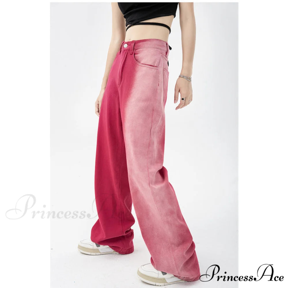 Vintage High Waist Streetwear Fashion Jeans Pink Red / S