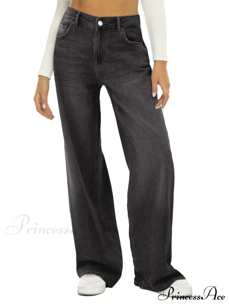 Vintage High Waist Wide Leg Blue Baggy Streetwear Harajuku Straight Fashionable Casual Elegant Stylish Jean Black / S