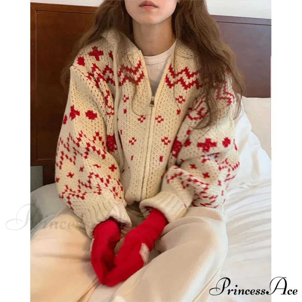 Vintage Hooded Jacquard Cardigan Red / One Size