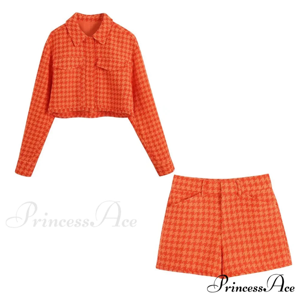 Vintage Houndstooth Print Leisure Short Orange Coat