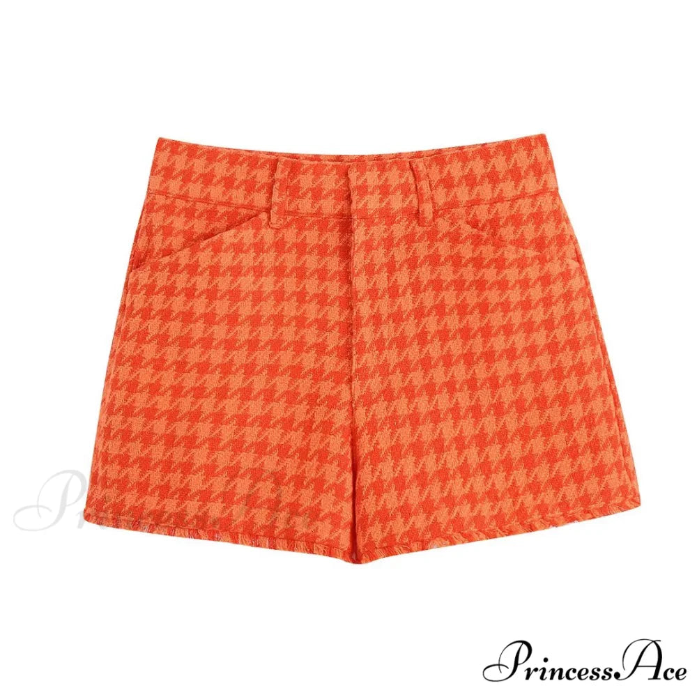 Vintage Houndstooth Print Leisure Short Orange Coat