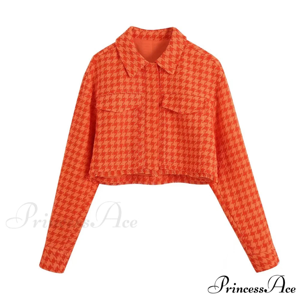 Vintage Houndstooth Print Leisure Short Orange Coat coat / XS