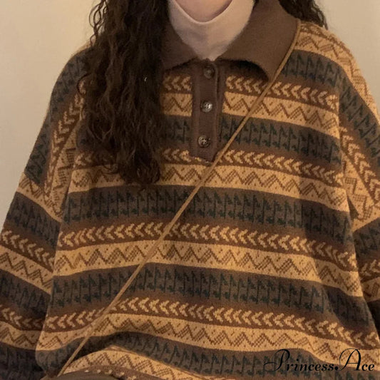 Vintage Inactive Style Banded Baggy Jumper Coffee / S swraters-241228