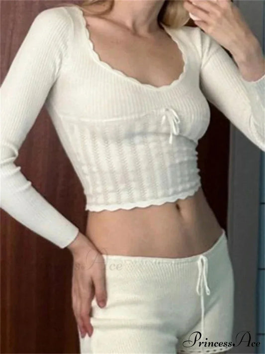 Vintage Knitted Low Cut Round Neck Slim Fit Ribbed T-shirts WHITE / S