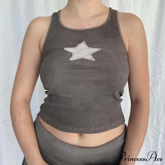 Vintage Knitted Vest Fairycore Star Pattern Sleeveless Summer 2024 Women Slim Harajuku Sweats Shirt Tank top Brown / S