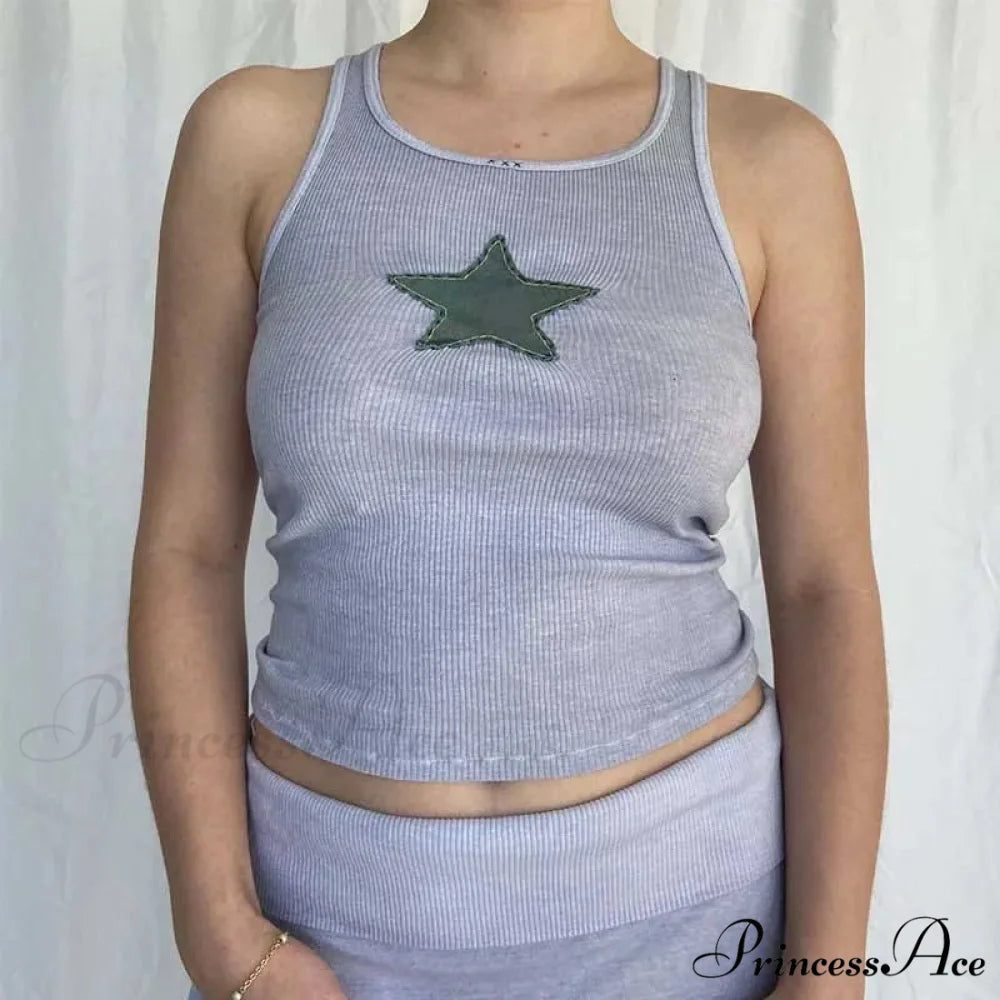 Vintage Knitted Vest Fairycore Star Pattern Sleeveless Summer 2024 Women Slim Harajuku Sweats Shirt Tank top GRAY / S