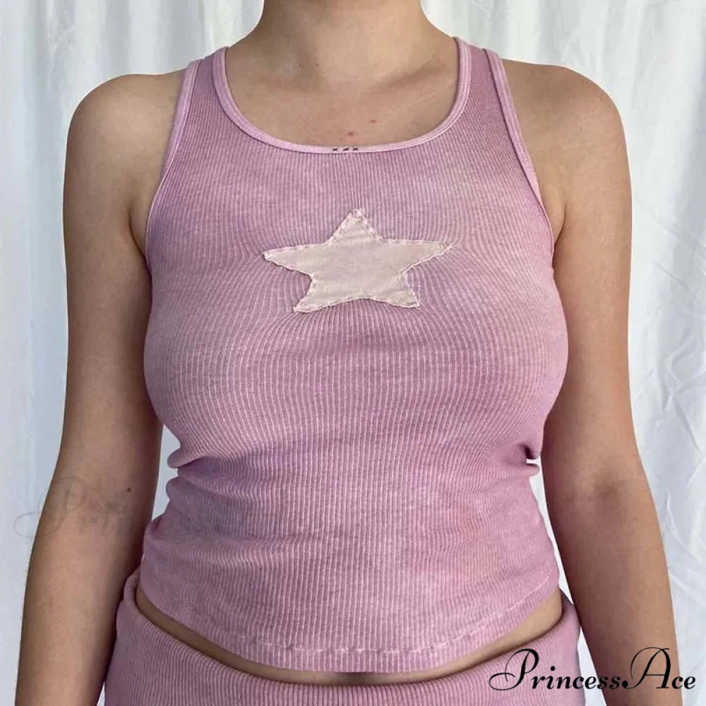 Vintage Knitted Vest Fairycore Star Pattern Sleeveless Summer 2024 Women Slim Harajuku Sweats Shirt Tank top Pink / S