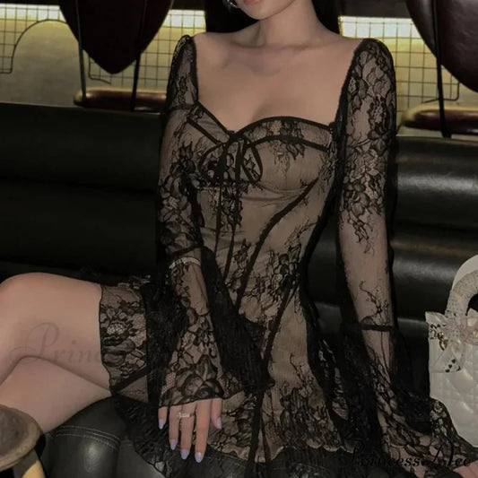 Vintage Lace Corset Long Sleeve Mini Dress Black / S