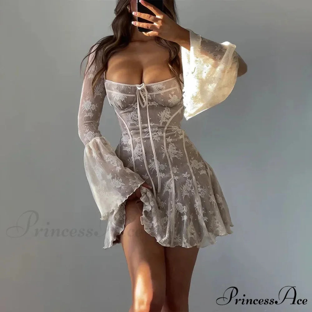 Vintage Lace Corset Long Sleeve Mini Dress White / S