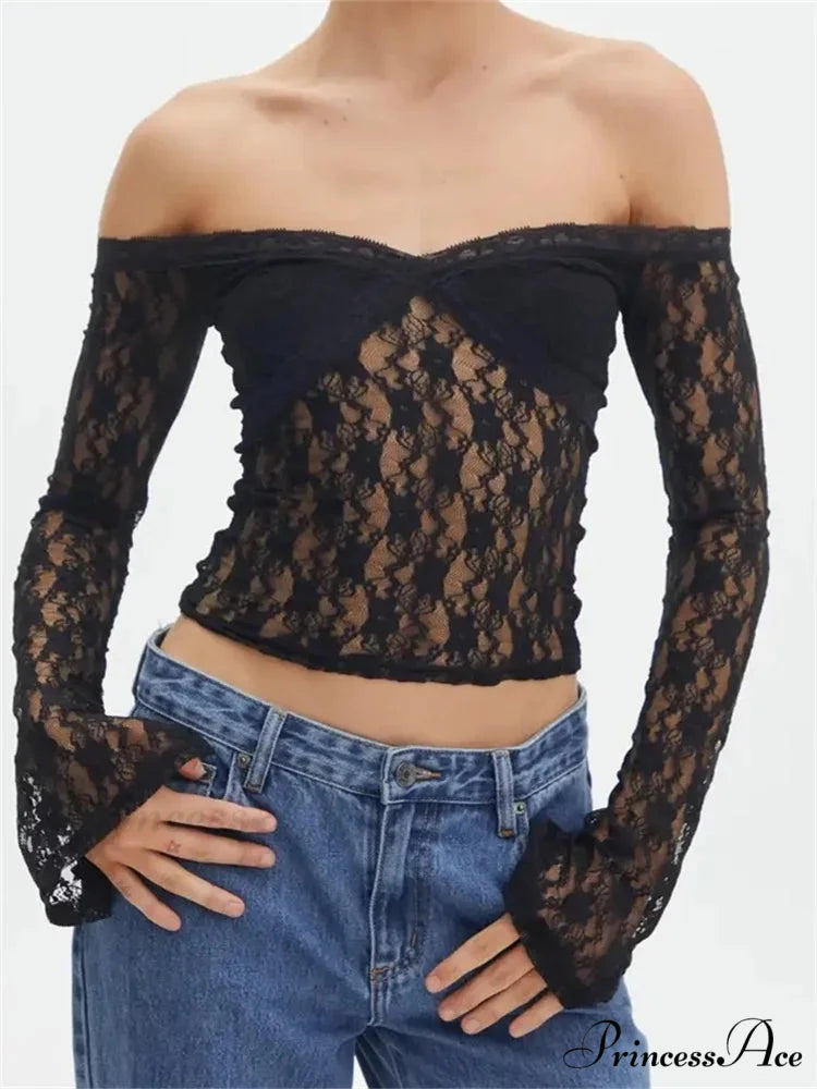 Vintage Lace Crop Tops Long Sleeve Off-Shoulder Casual Pullovers T-shirts BLACK / S