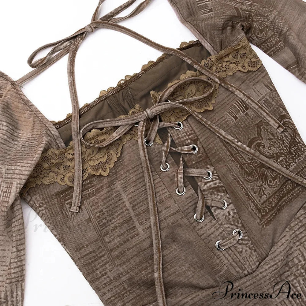 Vintage Lace Print Autumn Long Sleeve Slim Lace Up Backless Femme Bodycon Dress