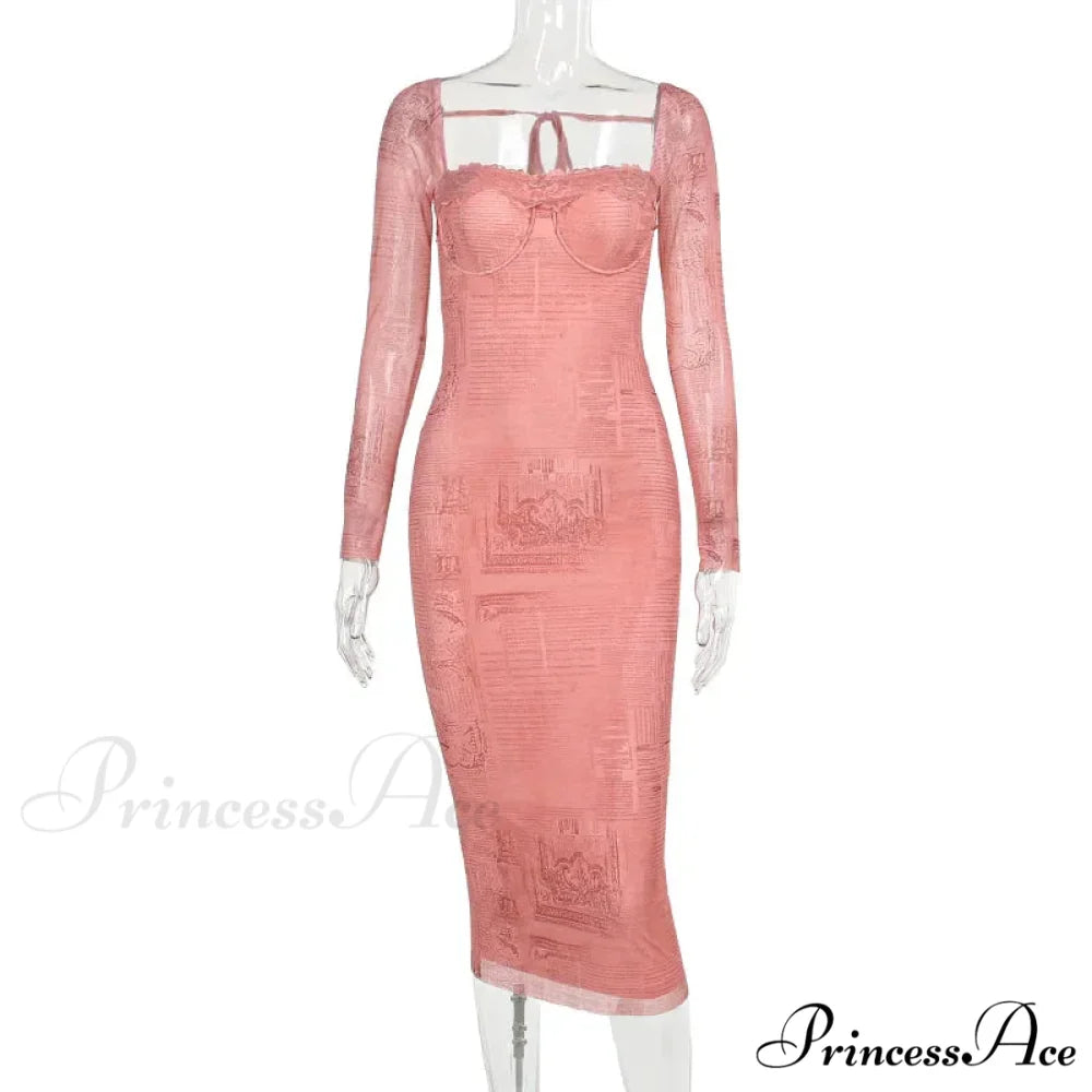 Vintage Lace Print Autumn Long Sleeve Slim Lace Up Backless Femme Bodycon Dress