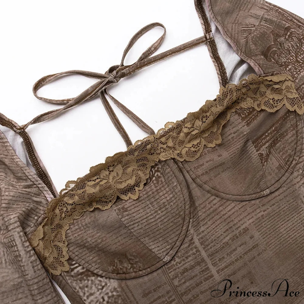 Vintage Lace Print Autumn Long Sleeve Slim Lace Up Backless Femme Bodycon Dress