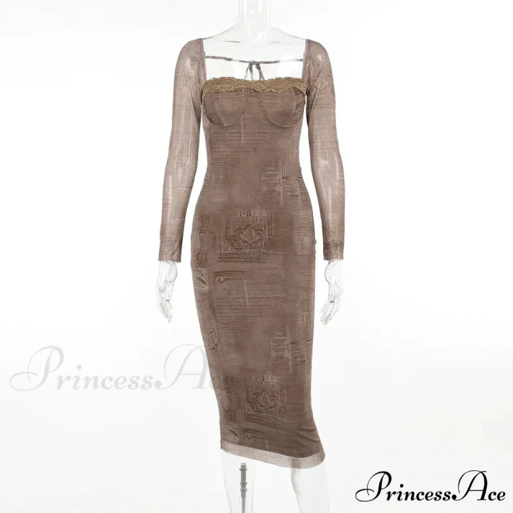 Vintage Lace Print Autumn Long Sleeve Slim Lace Up Backless Femme Bodycon Dress Dark Brown / S