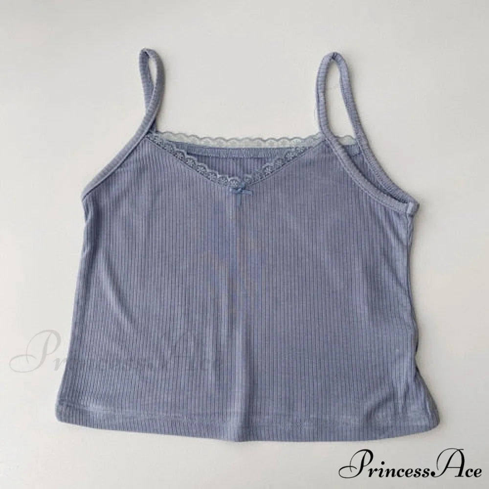 Vintage Lace Slim Cute Tops Blue / One Size