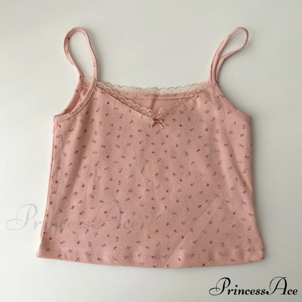 Vintage Lace Slim Cute Tops print-pink / One Size