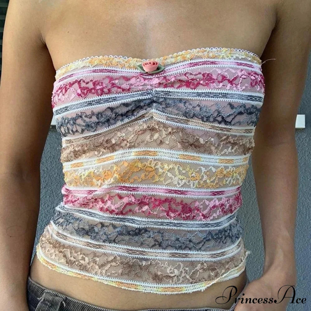 Vintage Lace Trim Bandeau Tube Crop Top COLORFUL / S croptop-250126