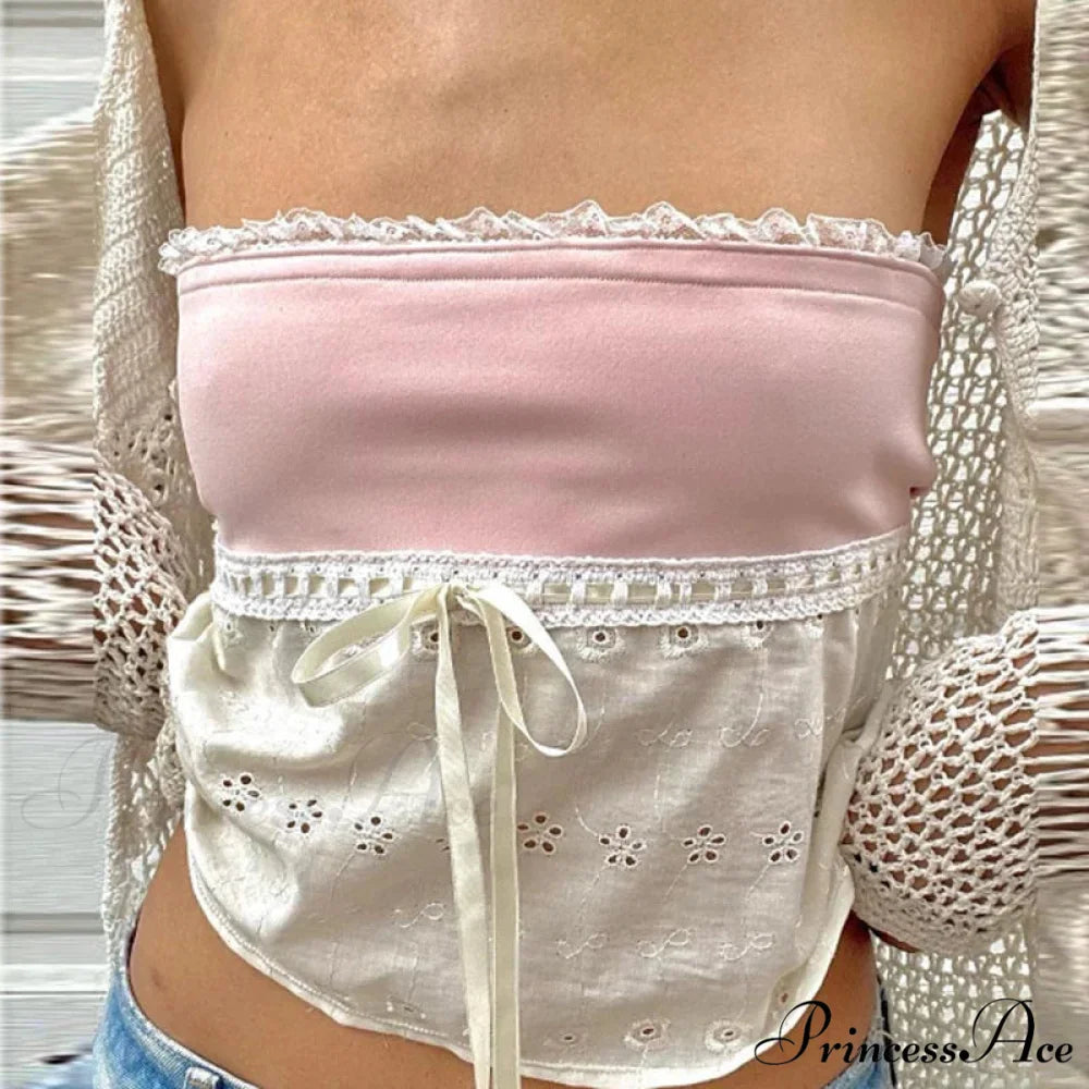 Vintage Lace Trim Bandeau Tube Crop Top PINK1 / S croptop-250126