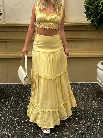 Vintage Lace Trim Sleeveless Square Neck Tank Crop Top with Long Skirt Set twopiecesset-250126